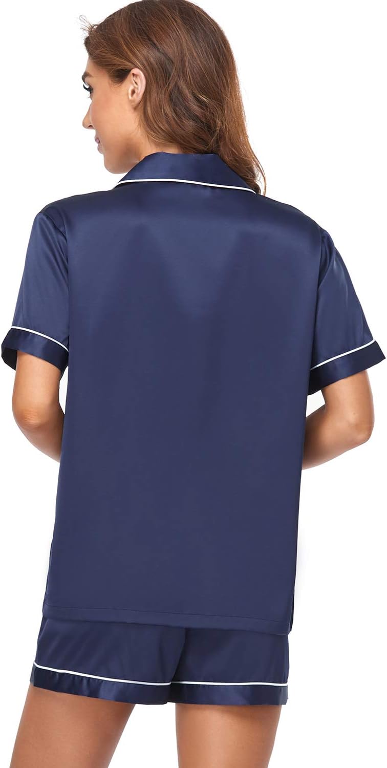Women's Satin Pajama Set 2-Piece Sleepwear Loungewear Button Down Short Sleeve Silky PJ Set