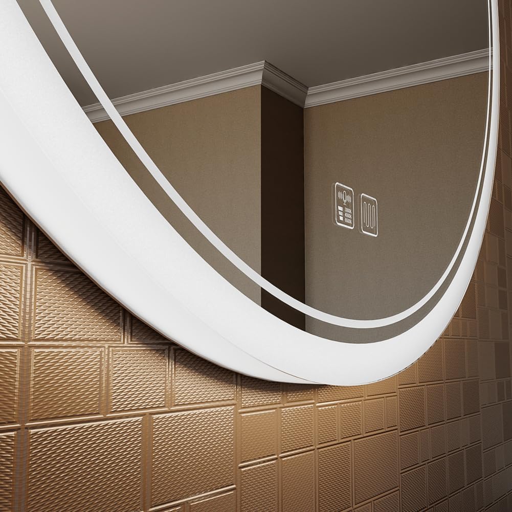 KWW Round Mirror Bathroom LED Lighted Mirror, Illuminated Dimmable Anti-Fog Wall-Mounted Makeup Vanity Mirror with Lights (39.5" L x 39.5" W)