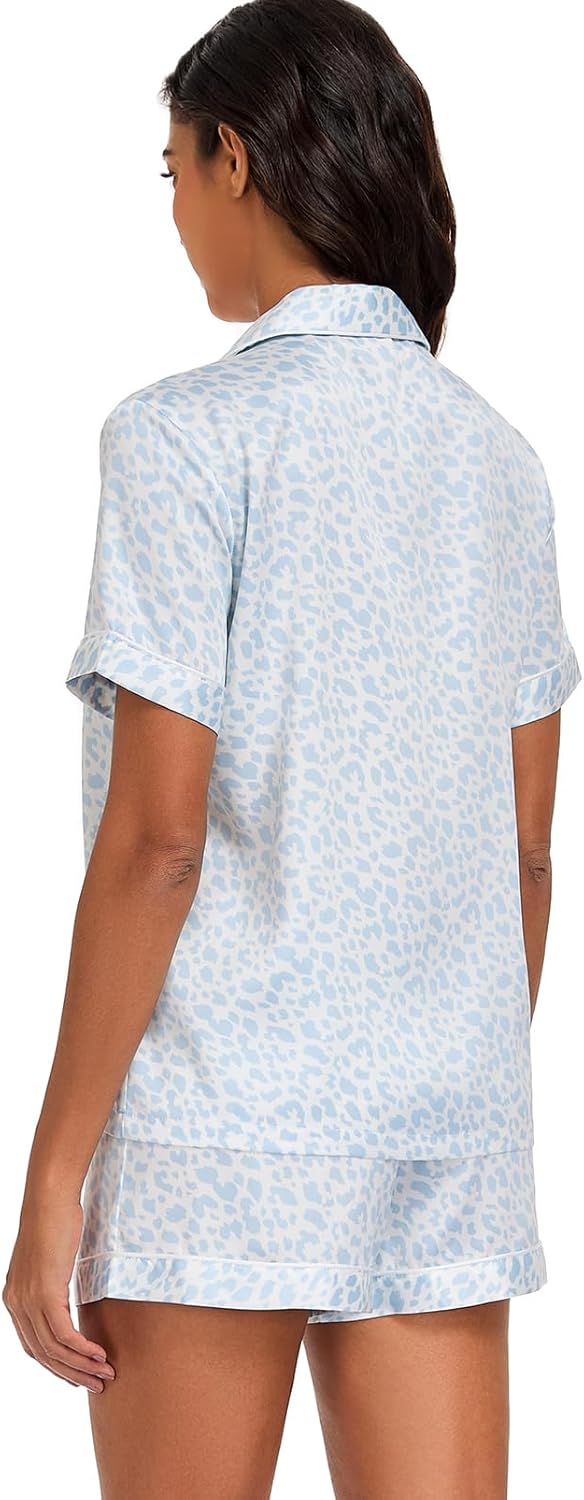 Women's Satin Pajama Set 2-Piece Sleepwear Loungewear Button Down Short Sleeve Silky PJ Set