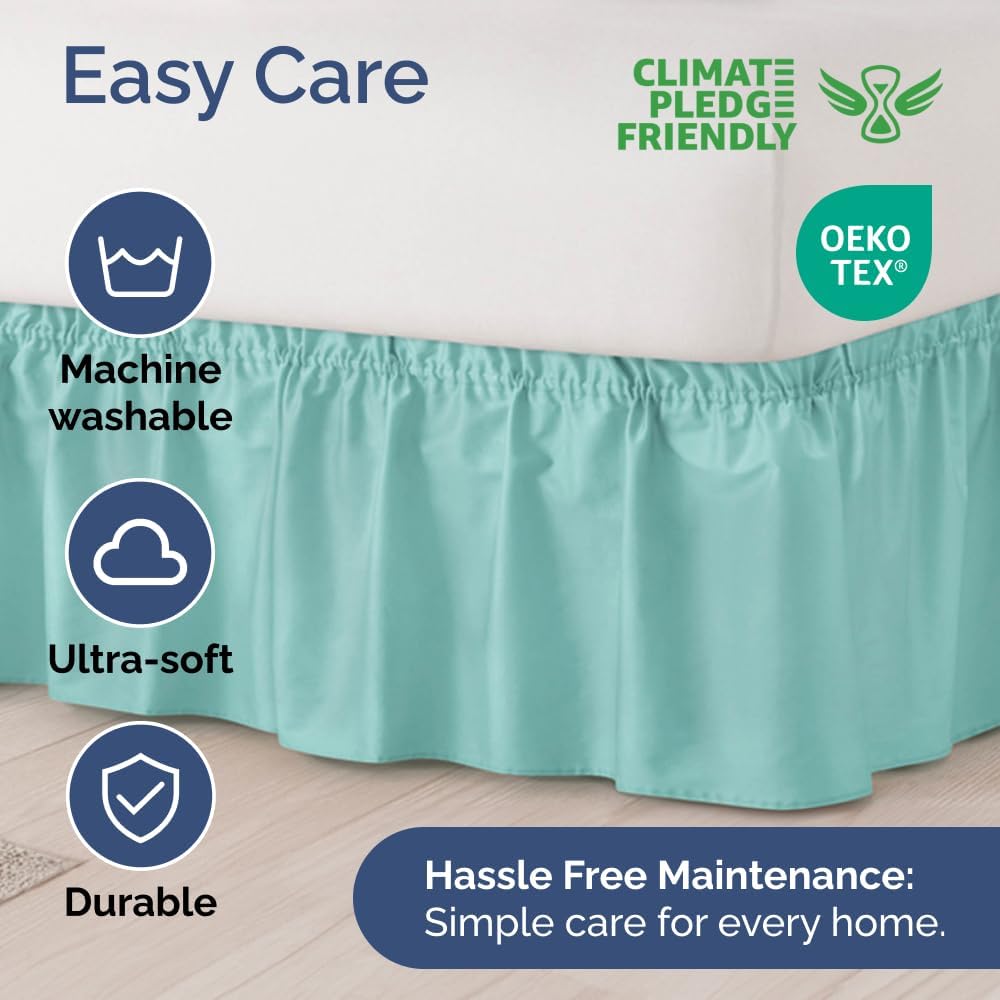 Wrap Around Dust Ruffle Bed Skirt - Spa Blue - Twin/Twin XL Size Beds with 15 Inch Drop - Easy Fit Elastic Strap - Adjustable Pleated Bedskirt w/Brushed Fabric Wrinkle Free - Women, Men, Kids & Teens
