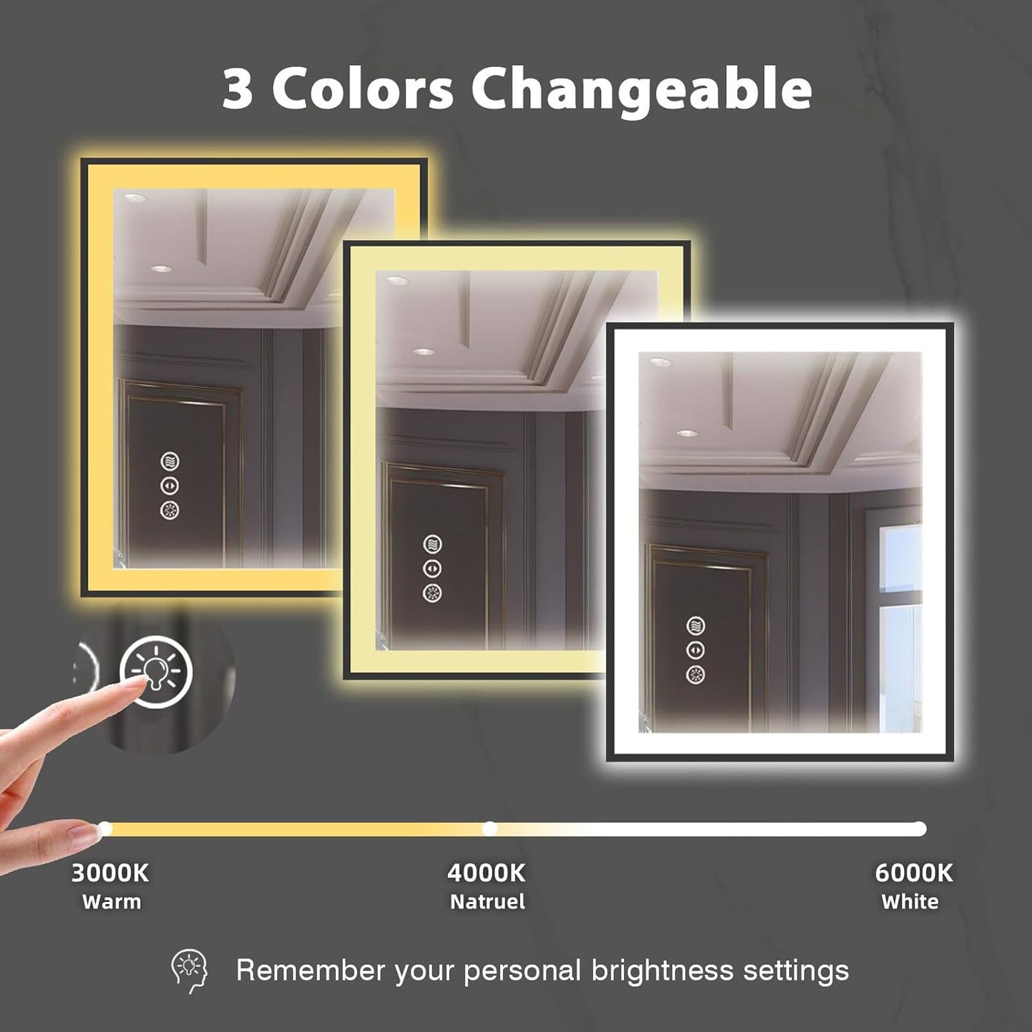 24x32 LED Bathroom Mirror, Black Aluminum Framed, Backlit + Front-Lit, 3 Colors Temperature Changeable, Dimmable Vanity Mirror, Tempered Glass, Defog, Waterproof, Memory (Horizontal/Vertical)