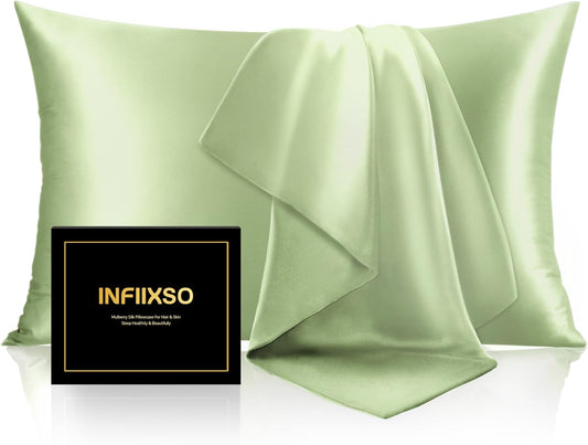 INFIIXSO Mulberry Silk Pillow Cases King Size Set of 2, Silk Pillowcase with Hidden Zipper 20"x36", Extraordinary Smooth and Soft Pillow Case for Hair and Skin(Sage Green, 2 Pack)