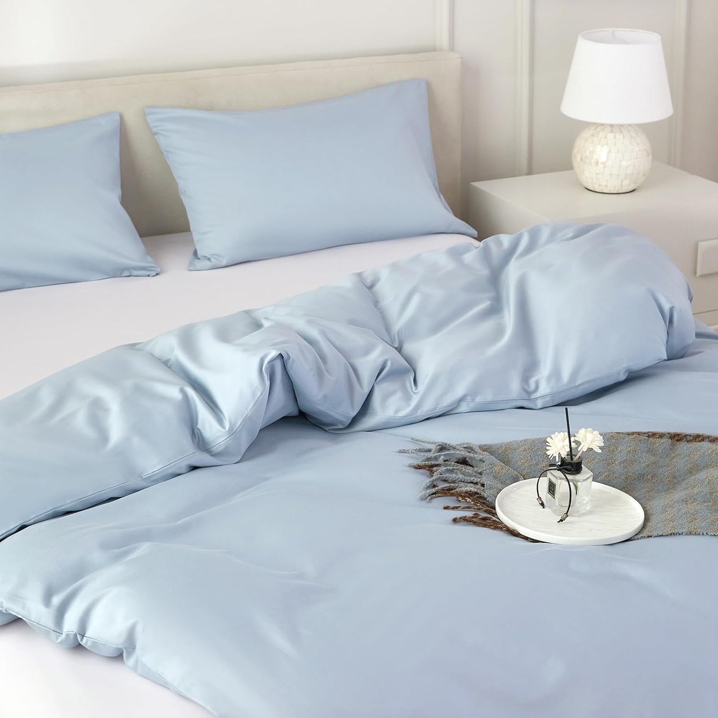 Duvet Cover King,100% Egyptian Cotton Duvet Cover Set,1600 Thread Count Feel Super Soft Comfortable Chic Lightweight 3 PCs Home Bedding Set (Light Blue,104''x90'')