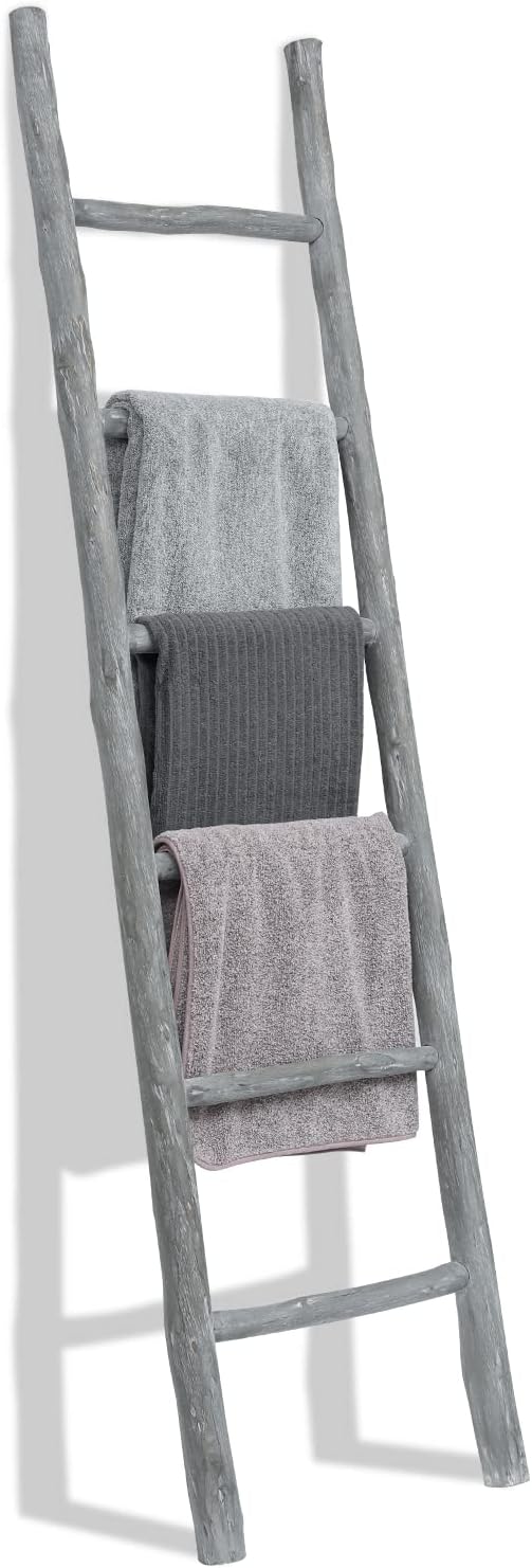 FUIN Fully Assembled 6ft Wood Blanket Ladder Living Room Decorative Wall Leaning Farmhouse Quilt Display Holder Rustic Wooden Towel Rack for Bathroom, Light Gray & Whitewashed