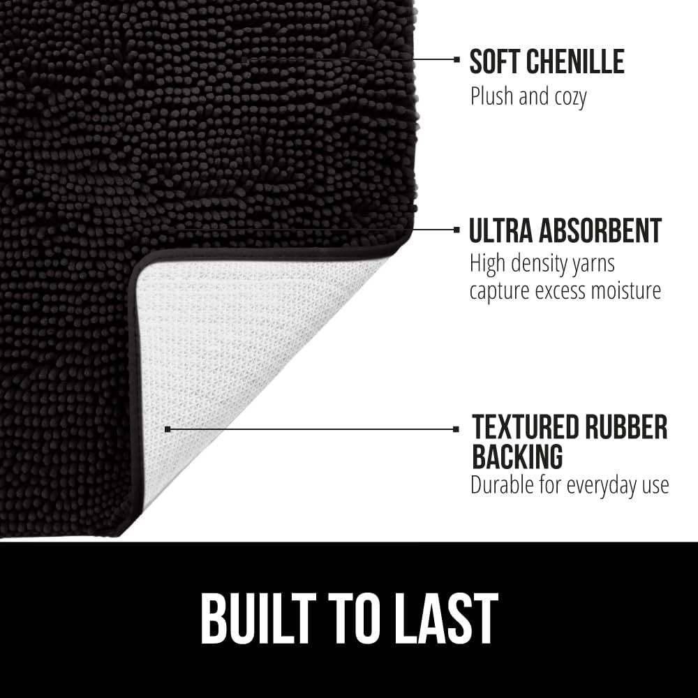 GORILLA GRIP Bathroom Rug Sets 3 Piece, Bath Mat Set and Oval Toilet Base with Rubber Backing, Plush Absorbent Shaggy Chenille Washable Mats, Includes 24x19.5, 24x17 and 30x20 Inch Rugs, Black