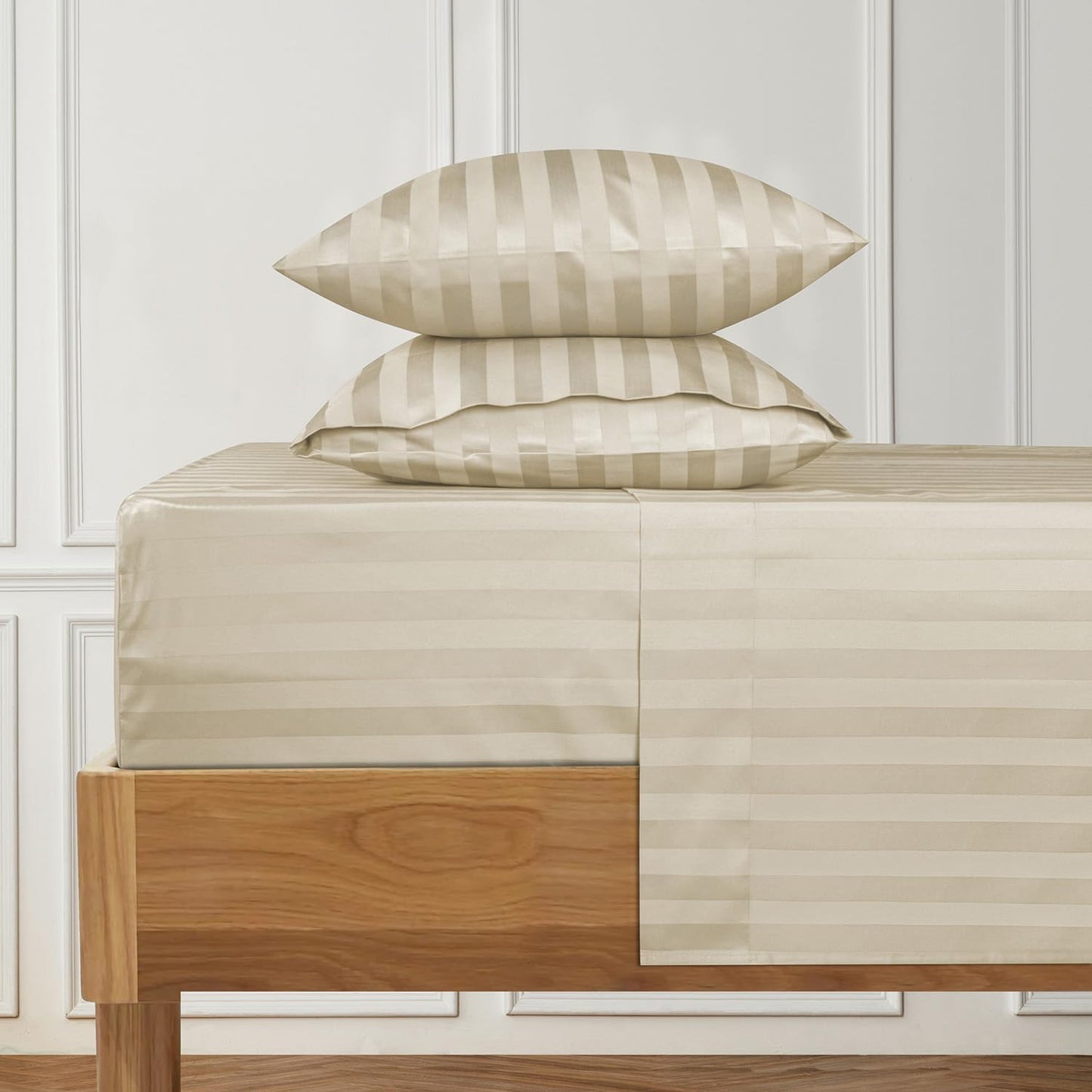 URBANHUT 1000 Thread Count Damask Striped Twin Size Egyptian Cotton Sheets, Long Staple Soft & Breathable, 4 Pc Bed Sheet Sets, Luxury Hotel Sateen Sheets Fits 16" Deep Pocket - Ivory