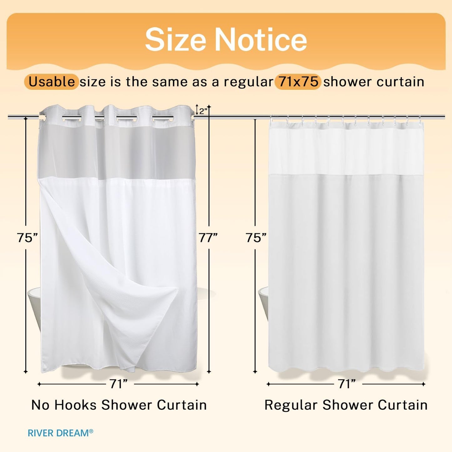 River Dream Heavyweight No Hooks Required Dotted Waffle Weave Shower Curtain with Snap in Liner - 71W x 77H,Hotel Grade,Spa Like Bath Curtain,White