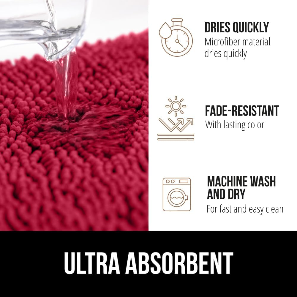 GORILLA GRIP Plush Absorbent Shaggy Chenille Bath Rug Mat for Square Toilet Base with Rubber Backing, Machine Washable Rugs, Soft Microfiber Contour Mats for Toilets, Bathroom Decor, Red