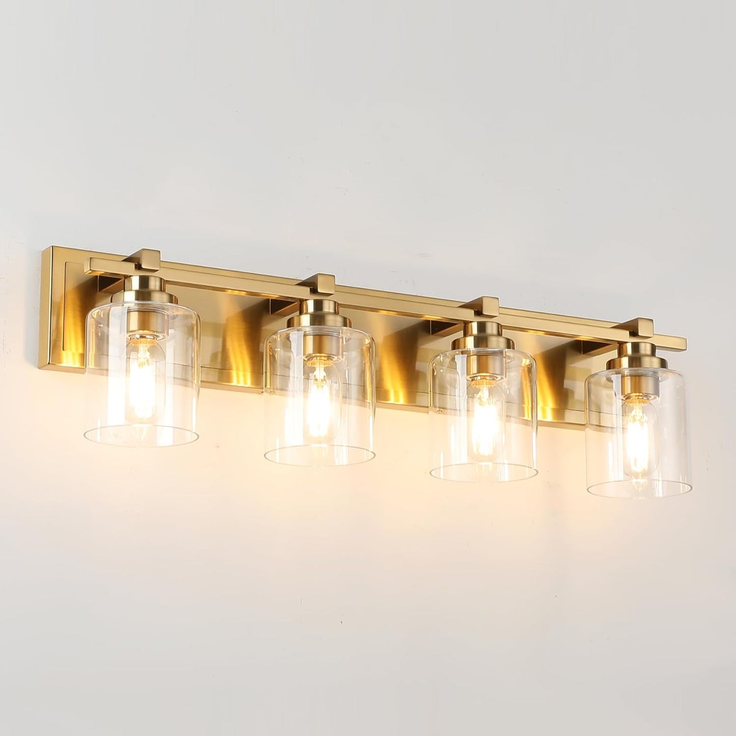 4 Light Modern Bathroom Light Fixtures Over Mirror, Brass Finish Vanity Lights for Bathroom Wall Sconces with Clear Glass Shades, E26 Socket (Bulbs Not Included)