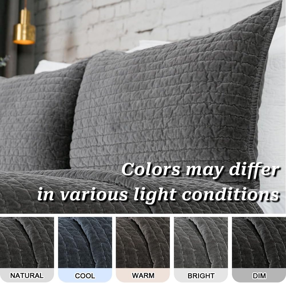 ELEGANT LIFE HOME Velvet Quilt Oversized King Reversible Royal Cotton Velvet Pic-Stitch Bedding Quilt - King Size - 108'' x 92'', Grey