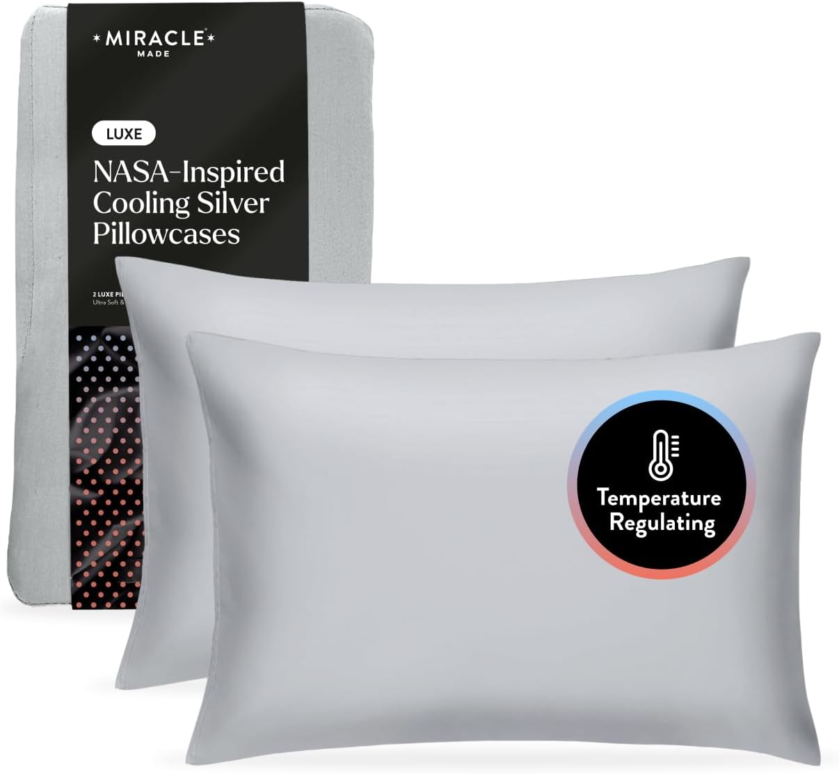 Miracle Made Extra Luxe Soft Cooling Pillowcase, 2-Piece Silver-Infused Cotton Fabric – Lightweight, Thermoregulating, Breathable Cover for Sensitive Skin, King/Cali King Size, Silver Grey