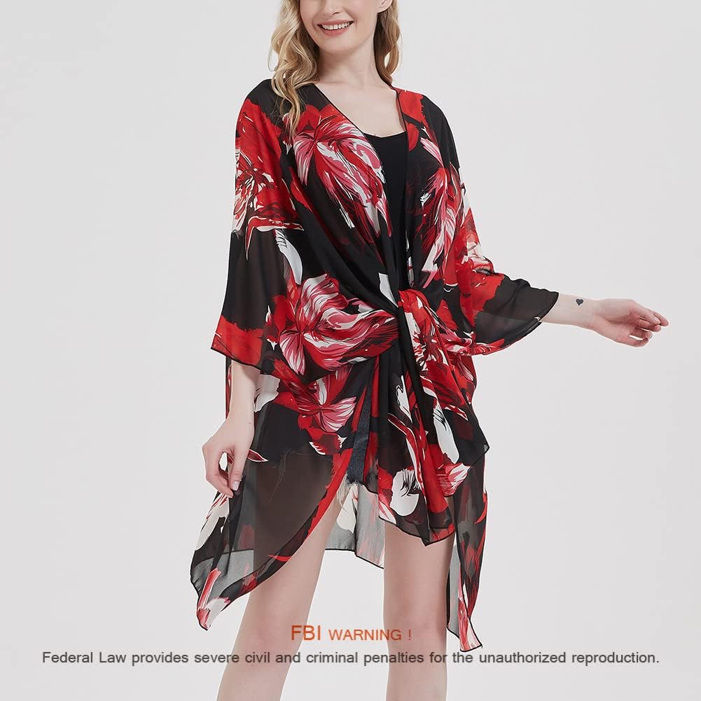 Women's Bohemian Floral Chiffon Beach Cover up Swimsuit Kimono Summer Swimwear Cardigans