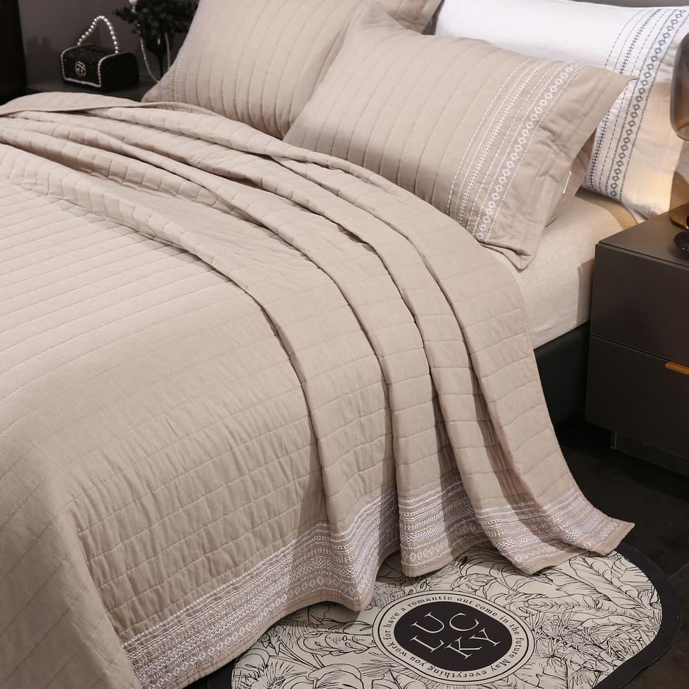 Quilt Set Floral Leaves 3D Embroidery Pattern 3 PCS Cotton Reversible Quilted Embroidered Decorative Bedspreads Coverlet Set, Lightweight &Soft Queen Size Beige Bedding Coverlet for All Season