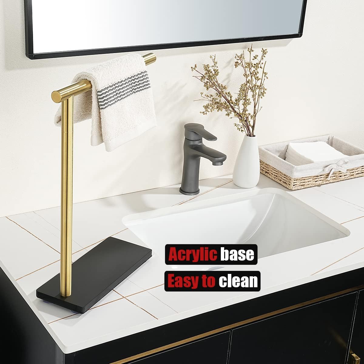 JQK Hand Towel Holder Stand Brushed Gold, Modern Tree Rack Free Standing for Countertop with 12 Inch Bar, 304 Stainless Steel Thicken 0.8mm, HTT170-BG