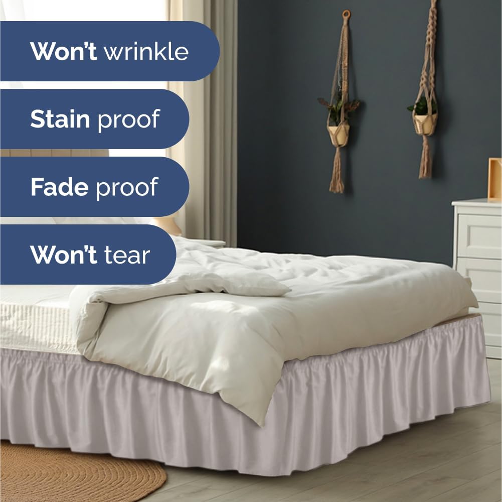 Wrap Around Dust Ruffle Bed Skirt - Light Grey - for Full Size Beds with 18 Inch Drop - Elastic Strap - Adjustable Pleated Bedskirt with Brushed Fabric and Wrinkle Free - for Women, Men, Kids & Teens