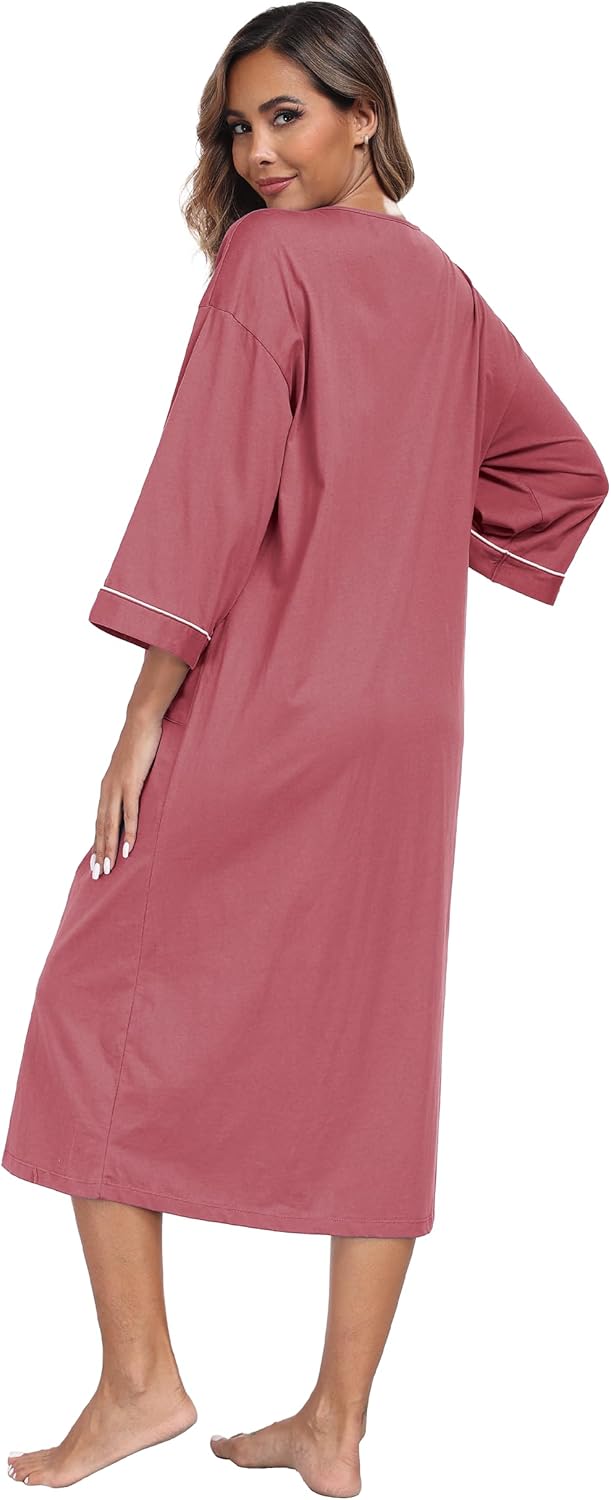 ANLIQI Women's 100% Cotton Robes Long Zipper Front House coats 3/4 Sleeve Bathrobes Lightweight Full Length Robe with Pockets