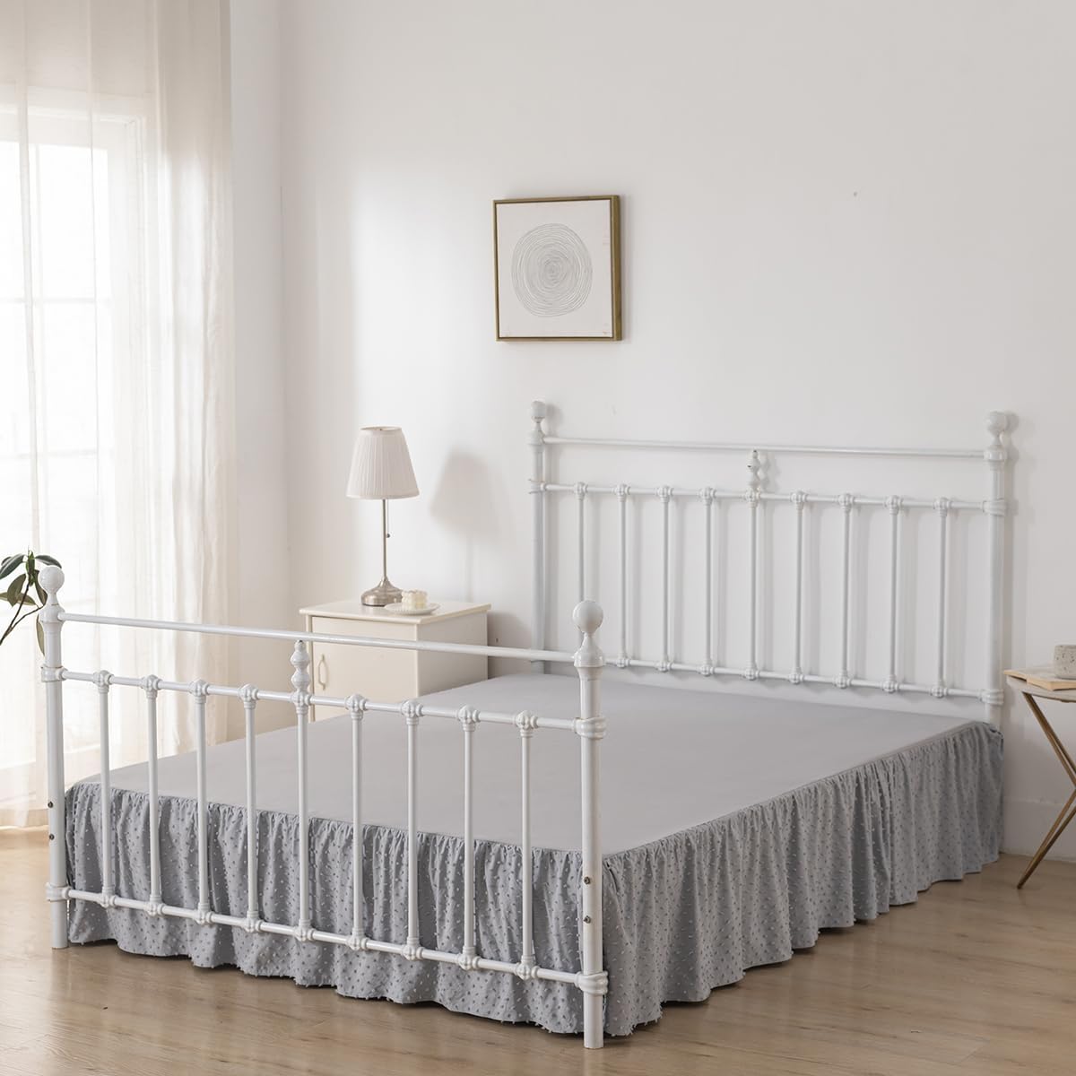 Tufted Dot Bed Skirt Full Size Ruffled Bed Skirt with Split Corners, 14 Inch Drop Dust Ruffle Bed Skirts with Platform, Light Grey