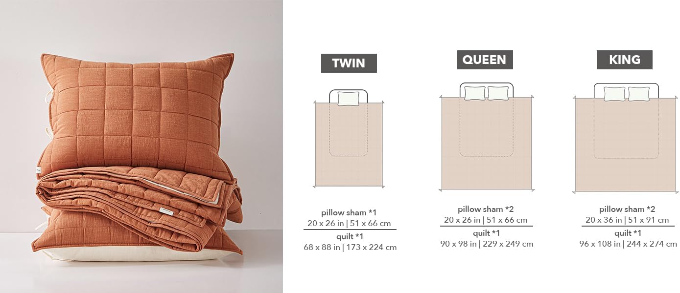 Cotton Quilt Bed Spreads, 3-Pieces Bedding Set with Coverlet Light Weight Quilt Blanket with 2 Pillow Shams (Burnt Orange, Queen)