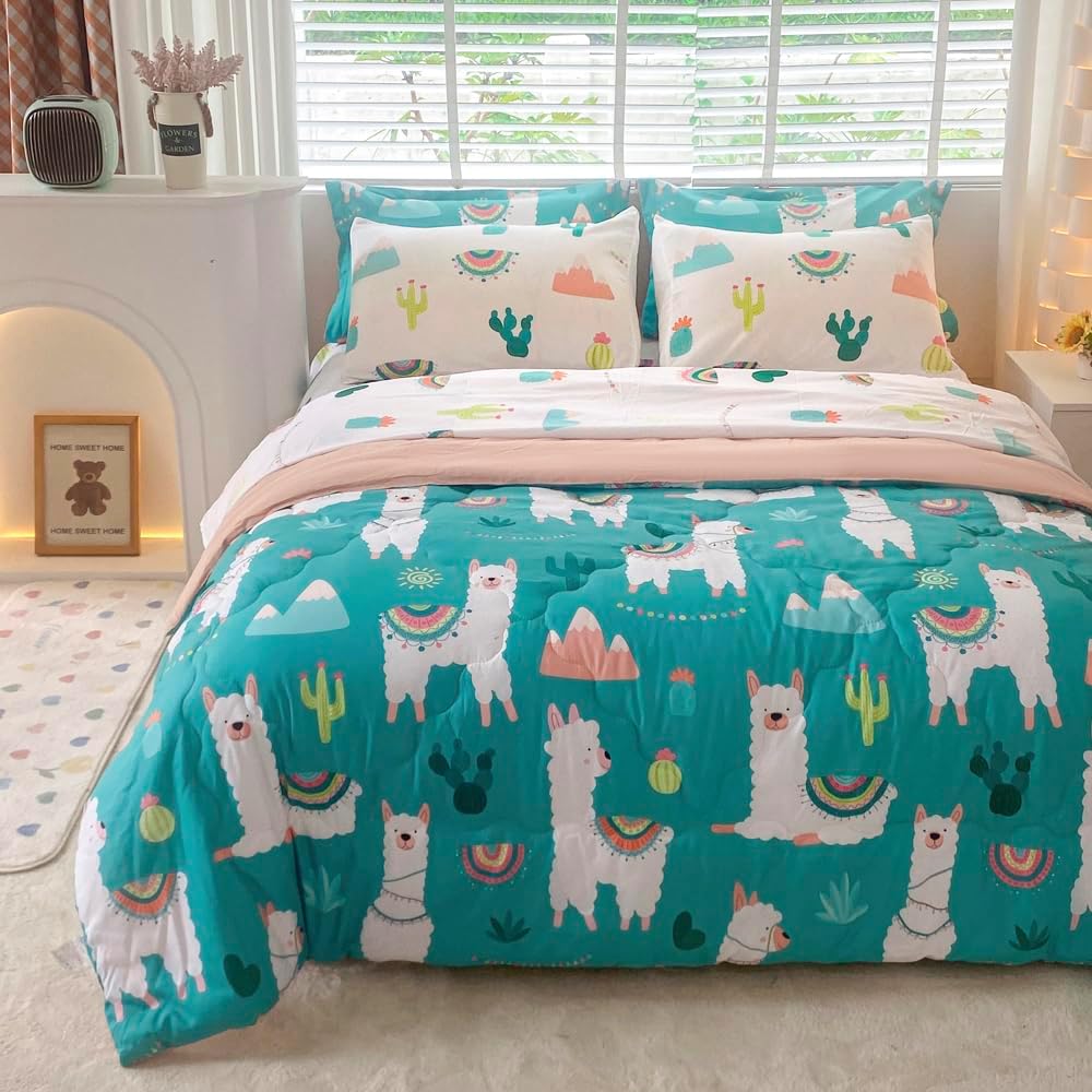 Wajade Kids Llama Comforter Set Bed in A Bag Queen Size 7 Piece Cute Alpaca Tropical Plant Cactus Bedding Set for Girls Boys (1 Comforter, 1 Flat Sheet, 1 Fitted Sheet, 2 Pillowcase and 2 Pillow Sham)