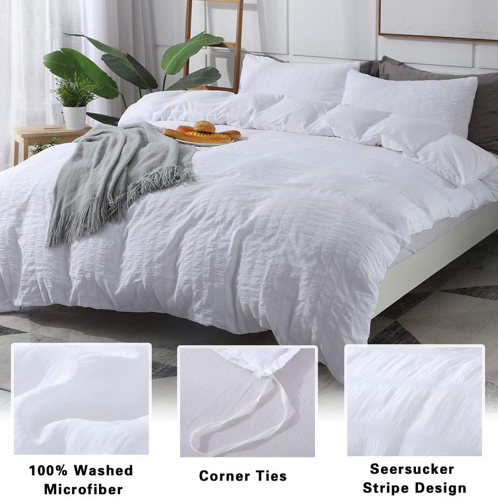 AveLom White Duvet Cover Set California King Size (104 x 98 inches), 3 Pieces (1 Duvet Cover + 2 Pillowcases), Seersucker Soft Washed Microfiber, Textured Duvet Cover with Zipper Closure, Corner Ties