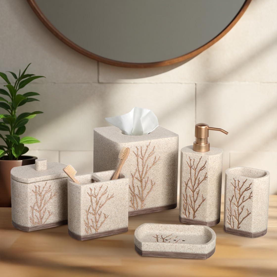 Decozen Bathroom Accessories Set 6Pcs – Soap Dispenser, Toothbrush Holder, Tumbler, Soap Dish & Cotton Swab Jar – Modern Bathroom Decor, Bath Set for Christmas Decor, Kent