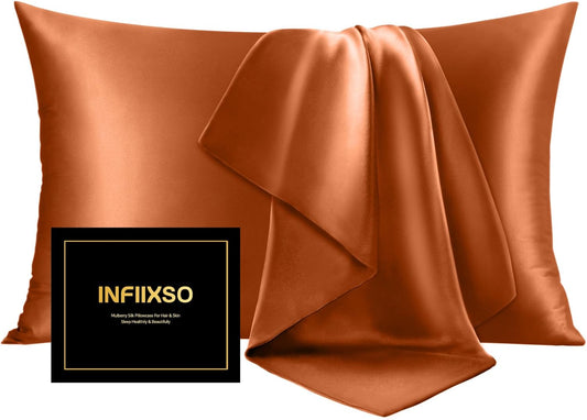 INFIIXSO Mulberry Silk Pillowcase for Hair and Skin, Silk Pillow Cases Standard Size with Hidden Zipper 20x26 Inches, Super Smooth and Soft Cooling Pillow Cases for Hot Sleepers(Orange, 1 Pack)