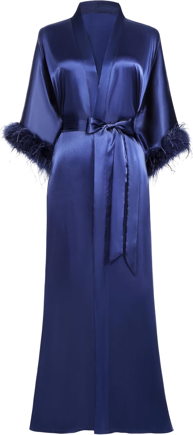 PRODESIGN Satin Kimono Robe Long Silky Bathrobe with Ostrich Feather Trim Sleepwear Wedding Bridesmaid Dressing Gown