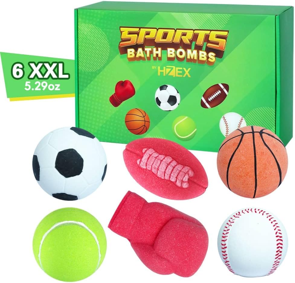 Sports Themed Bath Bombs Gift Set – 6 Piece Novelty Fizzy Balls with Basketball, Tennis, Baseball, Soccer, Football & Boxing – Fun Spa Kit for Kids, Teens, Men & Women – Self Care & Relaxation