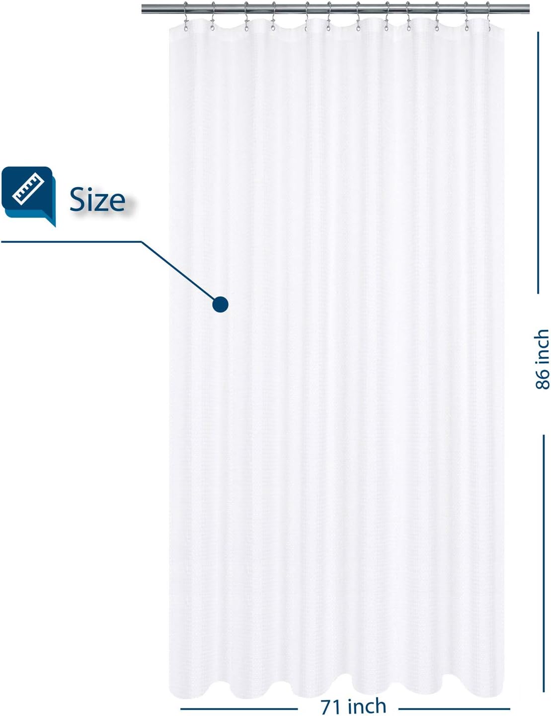 Extra Long Shower Curtain with 86 inch Height, Fabric, Waffle Weave, Hotel Luxury Spa, Water Repellent, Machine Washable, 230 GSM Heavyweight, White Pique Pattern Decorative Bathroom Curtain