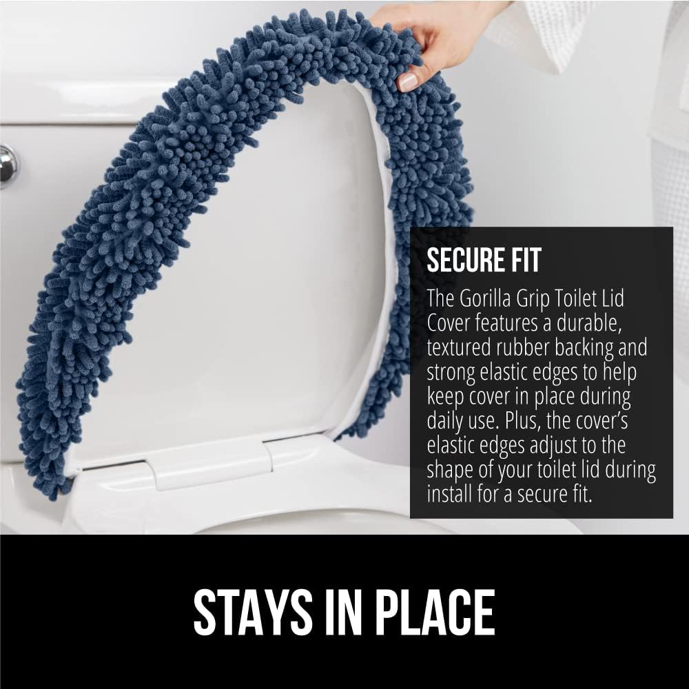 GORILLA GRIP Soft Chenille Bathroom Toilet Lid Cover, Machine Washable Seat Covers, 19.5x18.5, Stays in Place Rubber Backing, Fits Most Round, Elongated and Oblong Lids, Accessories Decor, Navy Blue