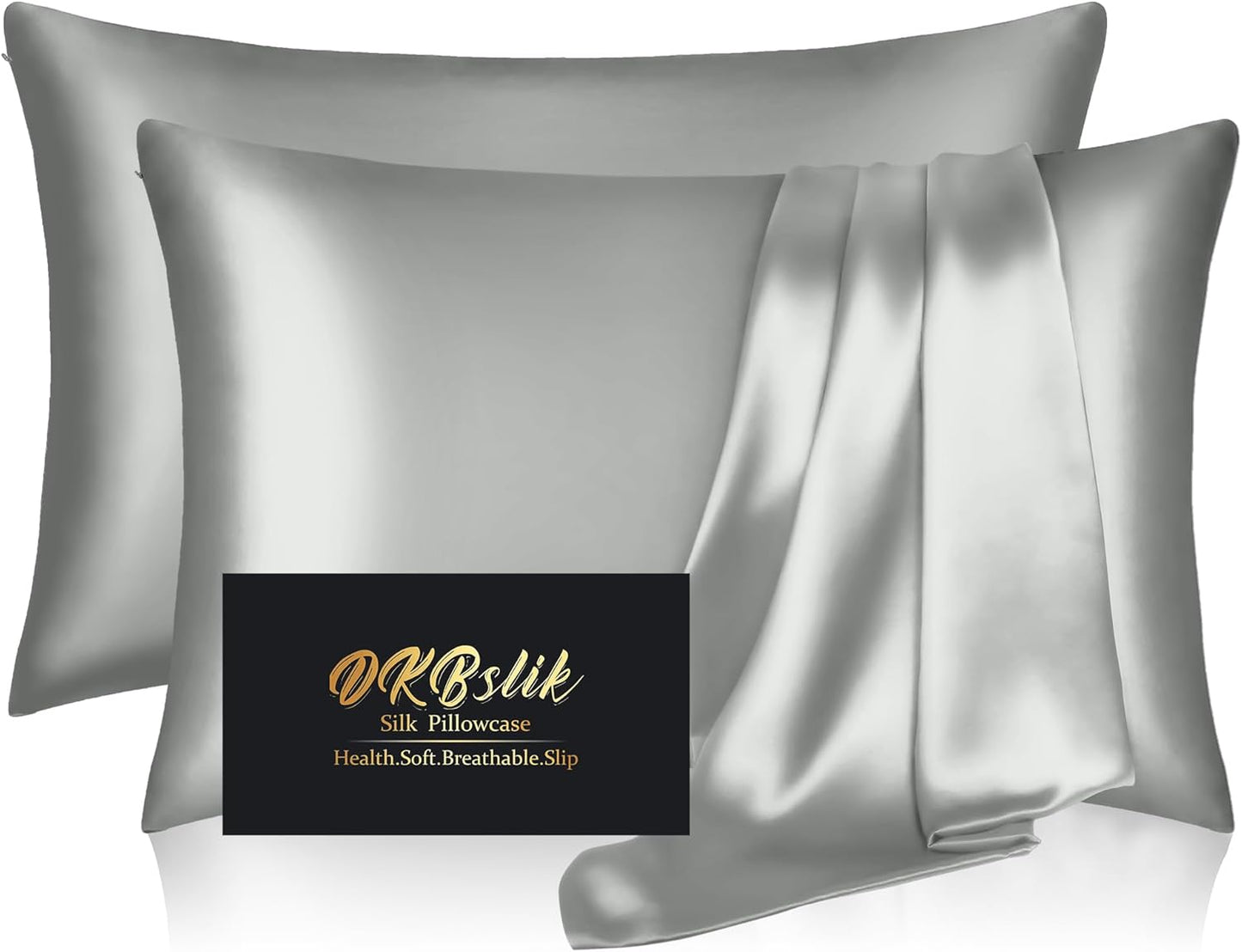 Silk Pillowcase 2 Pack, Natural Mulberry Silk Pillow Cases, Anti Acne Silk Pillowcase for Hair and Skin, King Size Silk Satin Pillowcase Set of 2 with Zipper, Gifts for Sleeping Women, Silver Grey