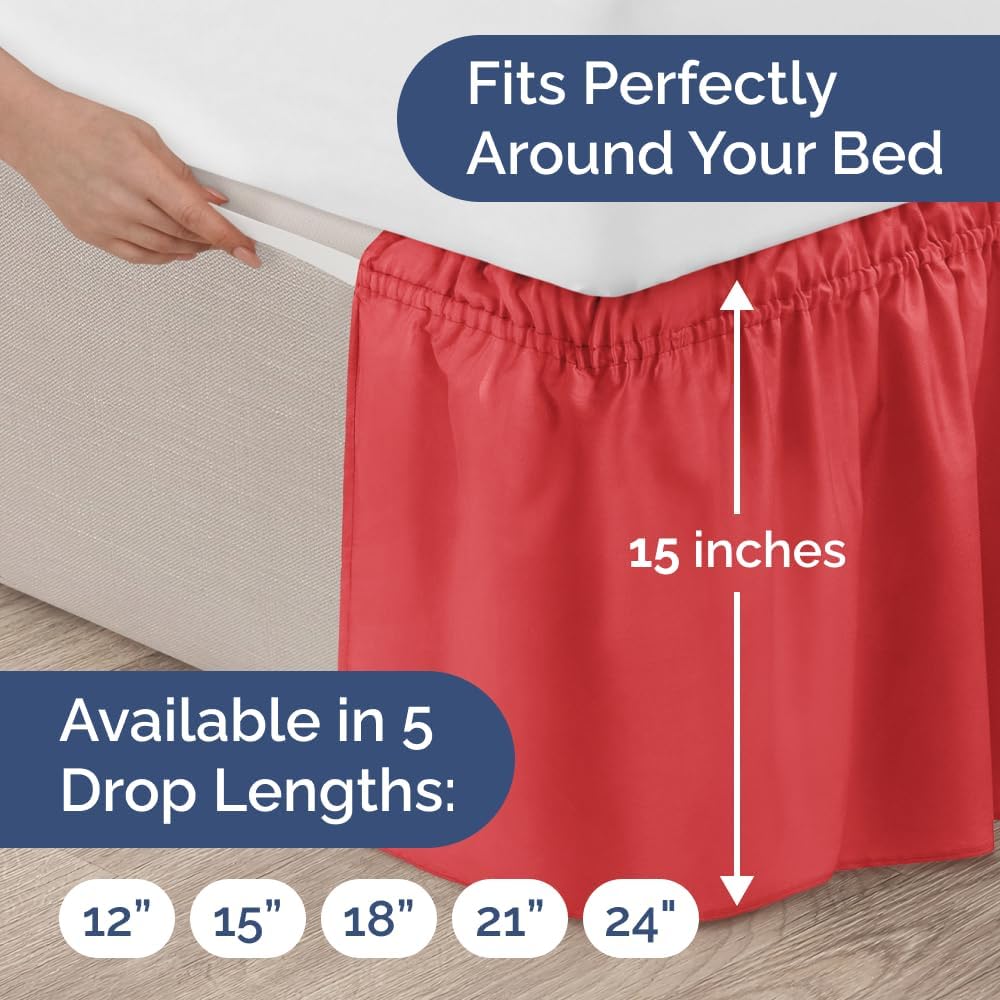 Wrap Around Dust Ruffle Bed Skirt - Red - for Full Size Beds with 15 Inch Drop - Easy Fit Elastic Strap - Adjustable Pleated Bedskirt w/Brushed Fabric - Wrinkle Free - for Women, Men, Kids & Teens