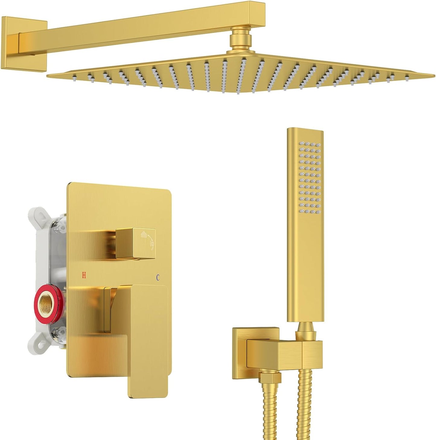 Iriber Brushed Gold Rain Shower System with 12 Inch Shower Head and Handheld shower Bathroom Wall Mounted Golden Shower Set Contain Shower Faucet Mixer Valve and Trim Kit (Valve Cartridge Included)