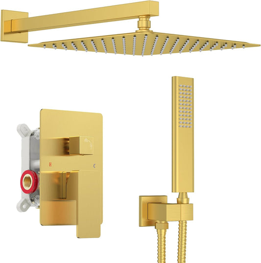 Iriber Brushed Gold Rain Shower System with 12 Inch Shower Head and Handheld shower Bathroom Wall Mounted Golden Shower Set Contain Shower Faucet Mixer Valve and Trim Kit (Valve Cartridge Included)