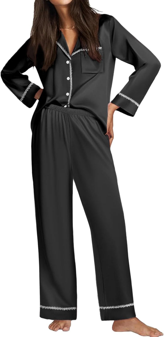 Ekouaer Satin Pajama Set for Women Silky Sleepwear Long Sleeve Top and Pants Button Down Pjs Lounge Set