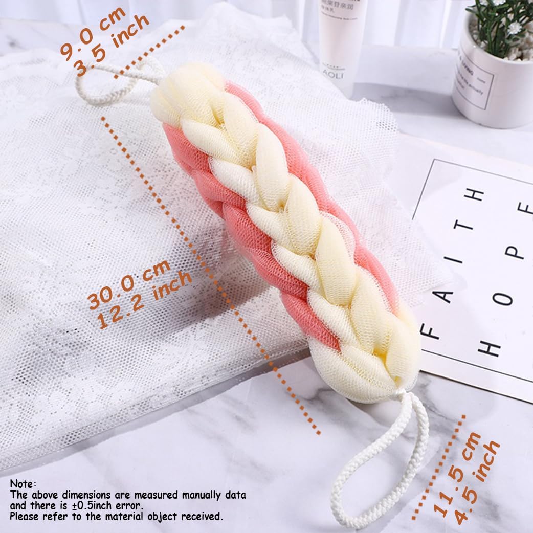 AARAINBOW 2 Packs Upgraded Long Stretch Back Sponge with Rope Handles Back Scrubber Bath Shower Mesh Sponge Exfoliating Body Scrub Stretch Braided Loofah for Men Women Braided Mesh Shower (Gray+Pink)