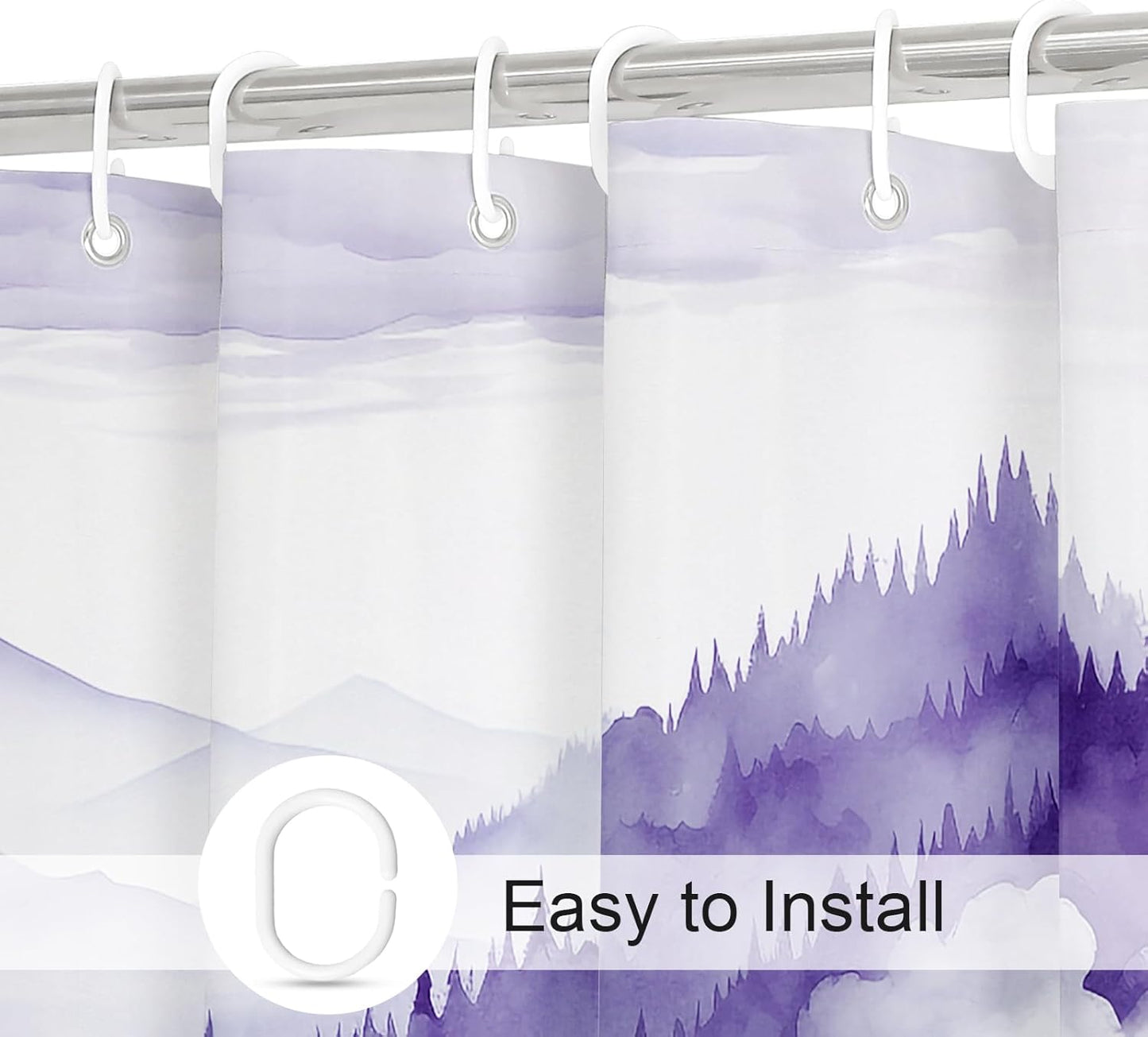 Purple Extra Long Misty Pine Forest Shower Curtain 72 x 84, XL Mountain Foggy Woodland Scenery Tree Shower Curtains for Bathroom, Abstract Waterproof Nature-Themed Decor