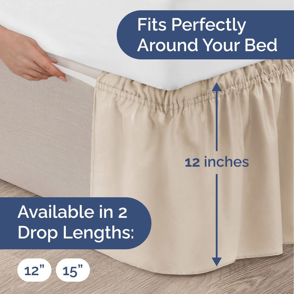 Wrap Around Dust Ruffle Bed Skirt - Wheat - for King Size Beds w/ 12 Inch Drop - Easy Fit Elastic Strap - Adjustable Pleated Bedskirt w/Brushed Fabric - Wrinkle Free - for Women, Men, Kids & Teens