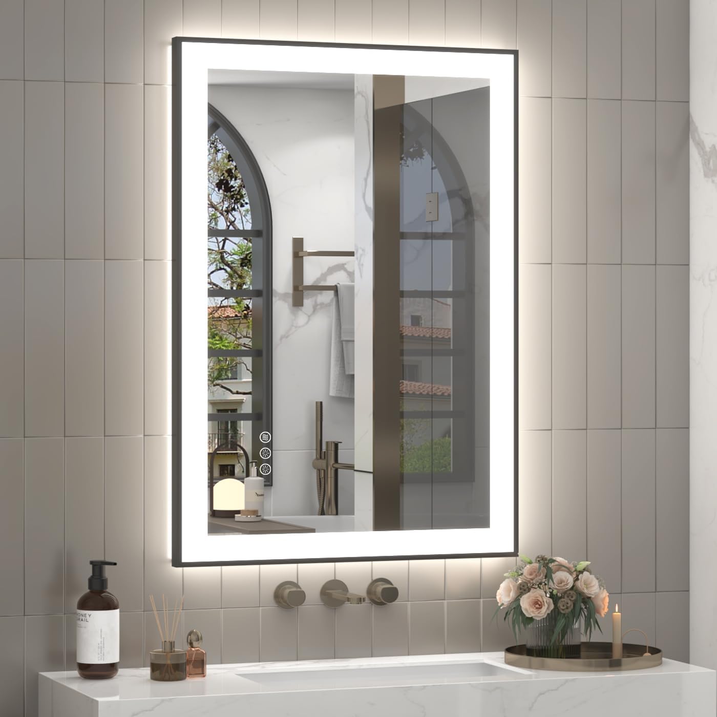 SMIROR 28x 36 Inch Lighted Mirrors with Black Frame for Bathroom Wall, Smart Led Vanity Mirrors, Front and Backlit, Dimmable, Anti-Fog, Memory, Shatterproof, ETL Listed (Horizontal/Vertical)