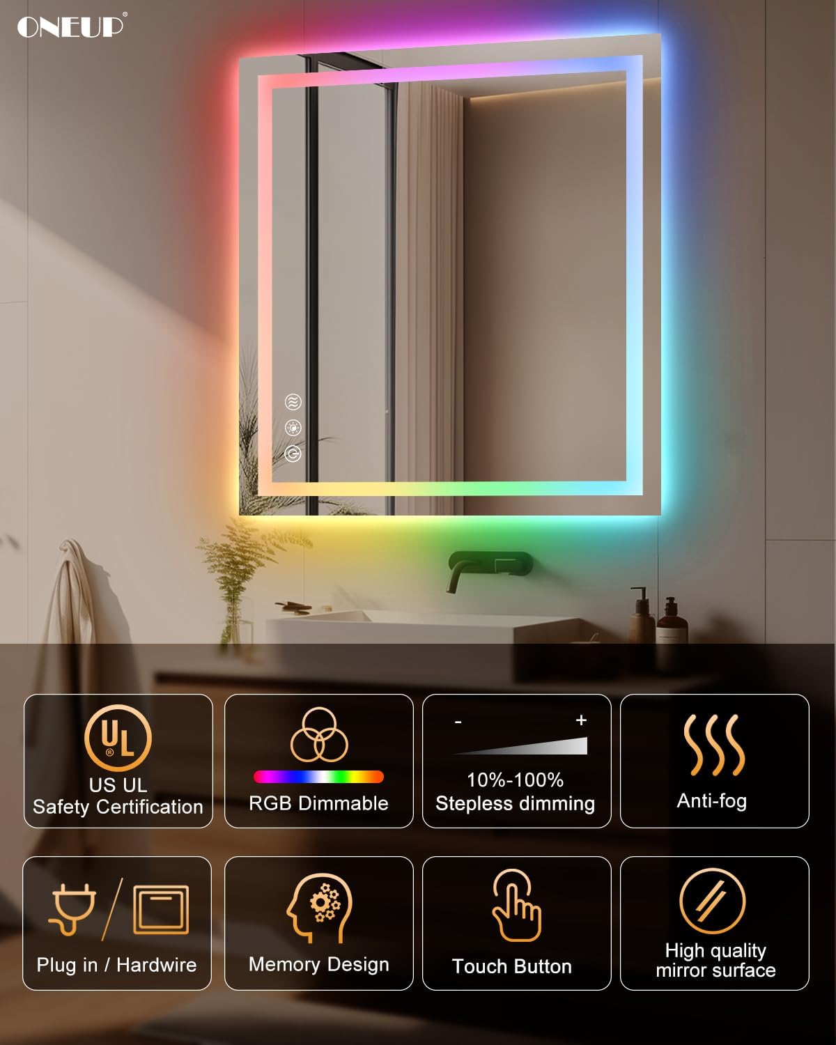 oneup 28x36'' RGB Bathroom Mirror with Lights,RGB Color Changing LED Bathroom Mirror for Wall,Lighted Vanity Mirrors,Dimmable,Anti-Fog,IP54 Waterproof