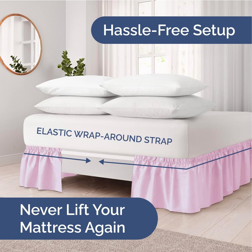 Wrap Around Dust Ruffle Bed Skirt - Light Pink - for Queen Size Beds with 18 Inch Drop - Elastic Strap - Adjustable Pleated Bedskirt with Brushed Fabric and Wrinkle Free - For Women, Men, Kids & Teens