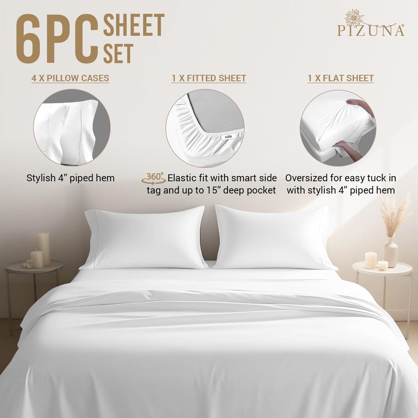 Pizuna Pure 100% Cotton Queen Size Sheet Set White, 800 Thread Count 100% Long Staple Cotton Sateen Queen Sheet Set with 15" Deep 2 Extra Pillowcases (Combed Cotton Bed Sheet Set)