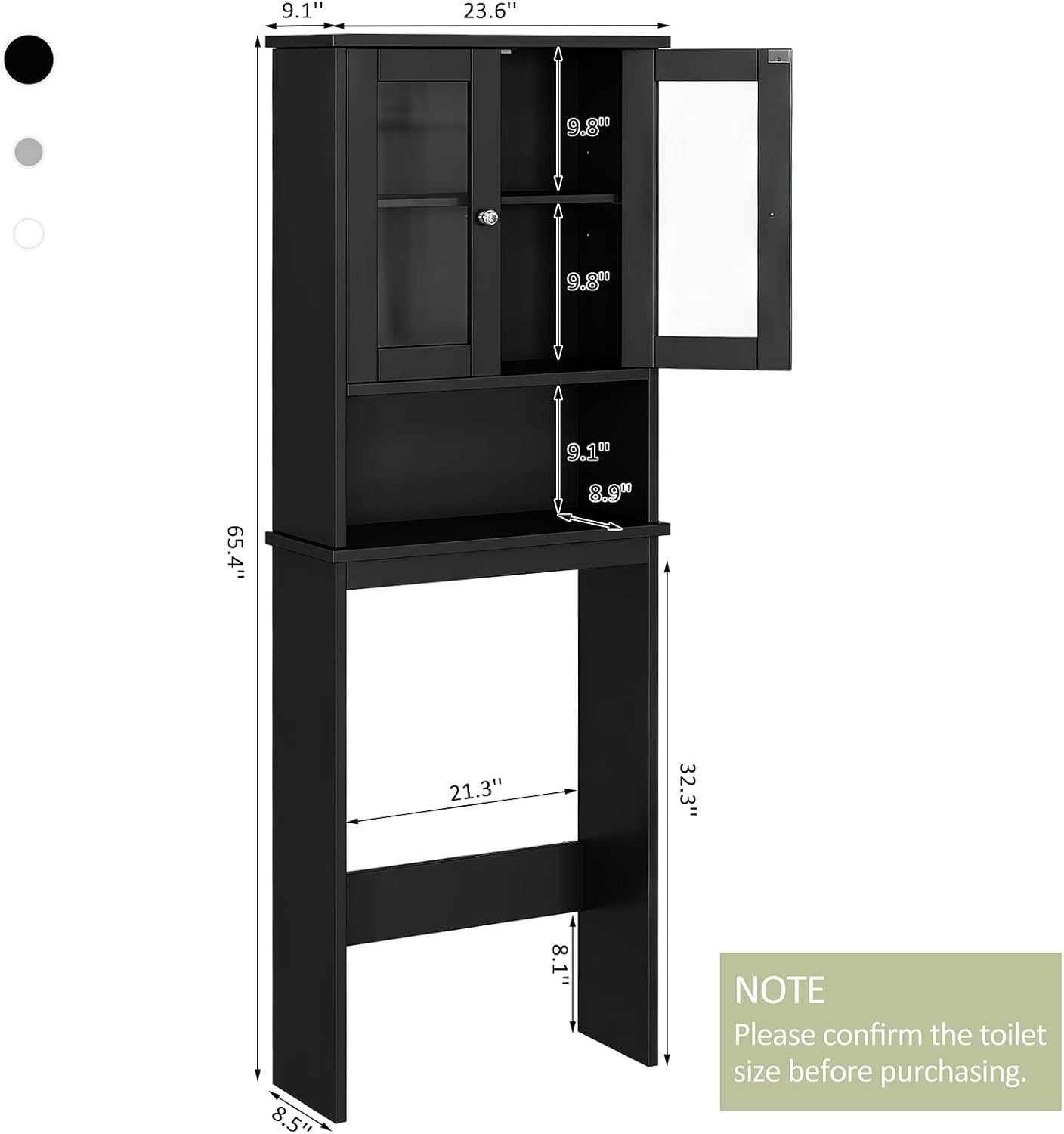 Meilocar Over The Toilet Storage Cabinet, Bathroom Storage Organizer Over Toilet with Glass Doors, Over Toilet Cabinet for Bathroom Freestanding Space Saver, Black