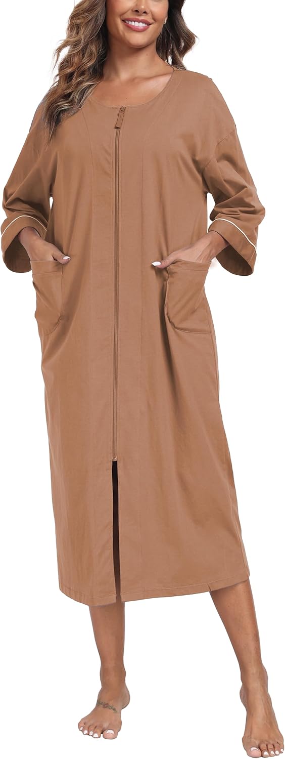 ANLIQI Women's 100% Cotton Robes Long Zipper Front House coats 3/4 Sleeve Bathrobes Lightweight Full Length Robe with Pockets