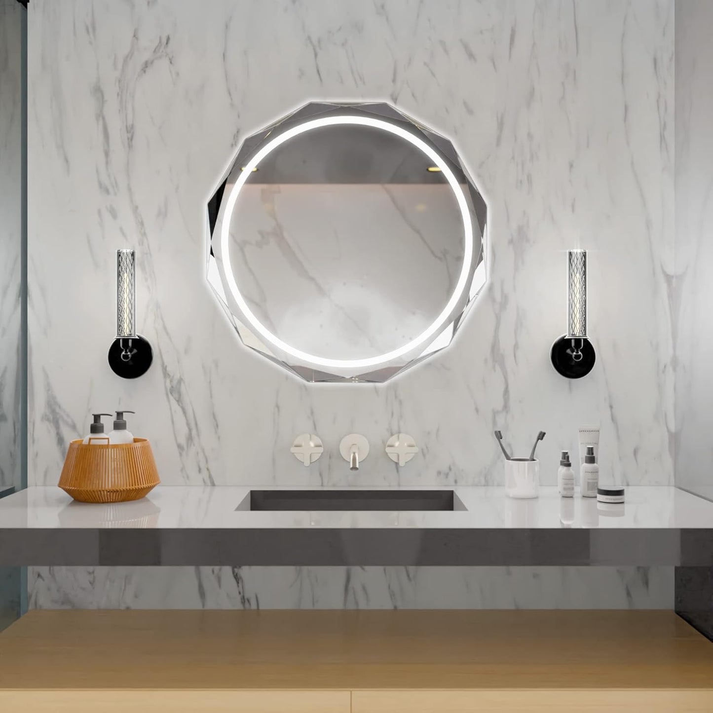 Round LED Bathroom Mirror, Beveled Edge Frameless Wall Mount Bathroom Vanity Mirror with 3-Color and Anti-Fog, 30 Inch, Silver