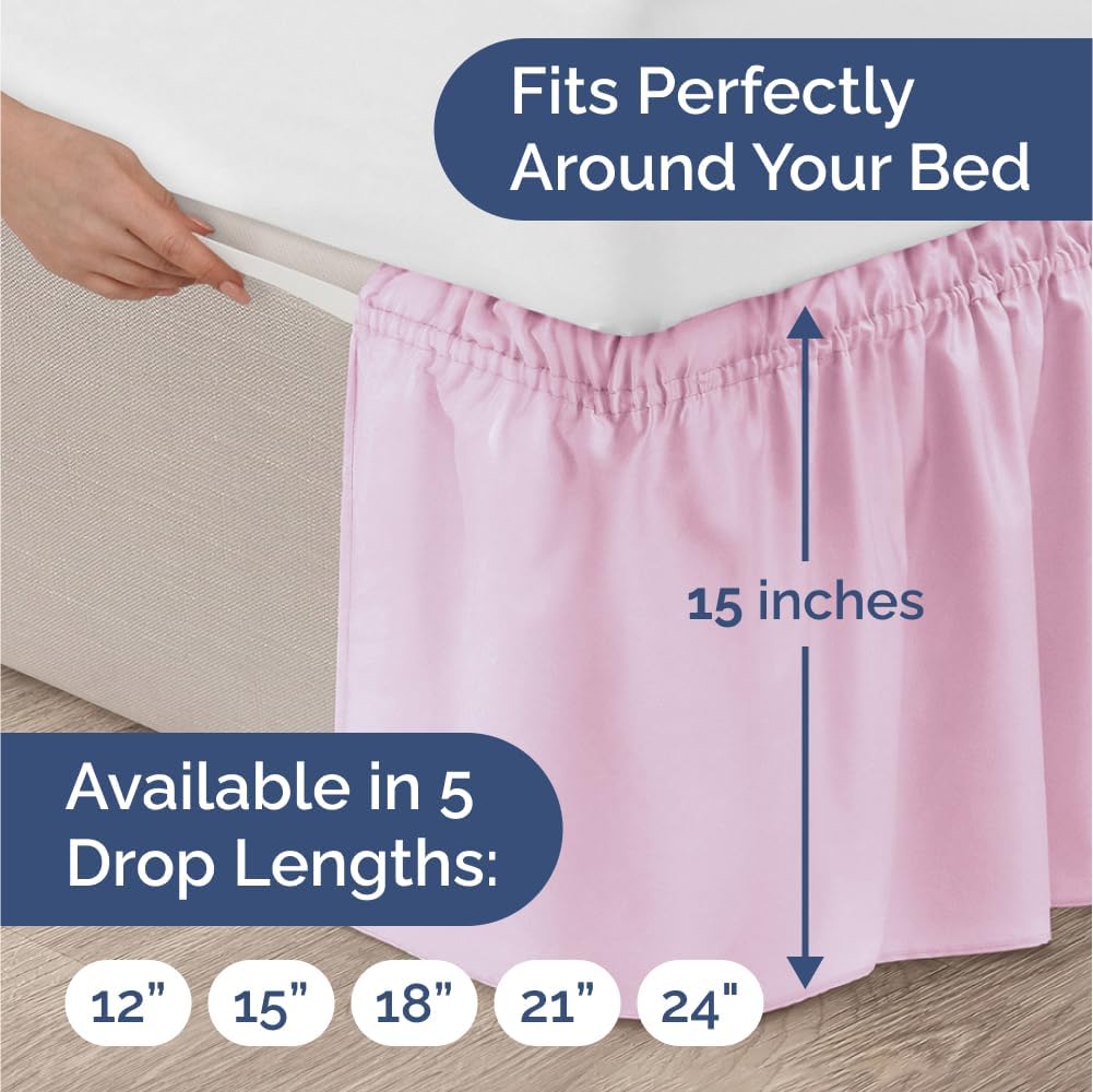 Wrap Around Dust Ruffle Bed Skirt - Light Pink - for Queen Size Beds with 15 Inch Drop - Elastic Strap - Adjustable Pleated Bedskirt with Brushed Fabric and Wrinkle Free - For Women, Men, Kids & Teens