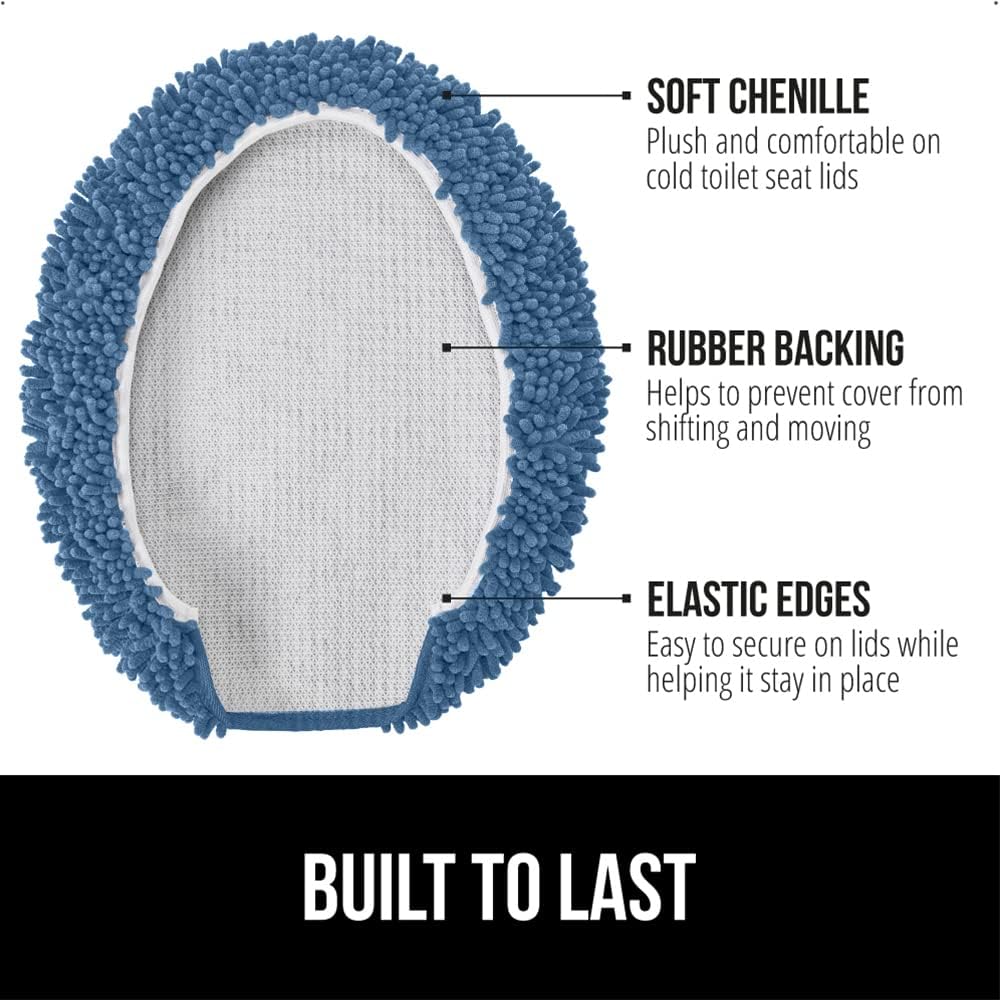 GORILLA GRIP Soft Chenille Bathroom Toilet Lid Cover, Machine Washable Seat Covers, 19.5x18.5, Stays in Place Rubber Backing, Fits Most Round, Elongated and Oblong Lids, Accessories Decor, Blue