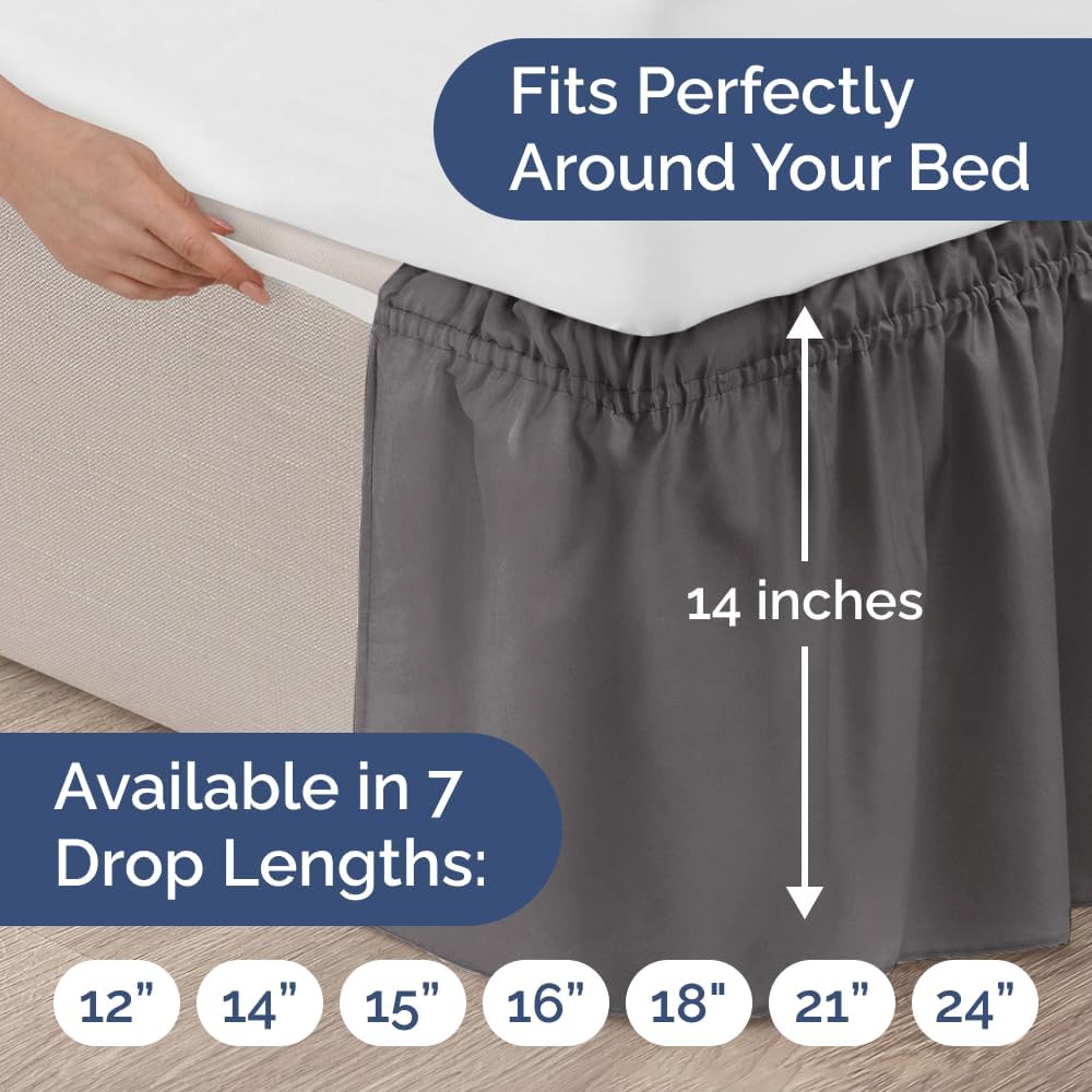 Wrap Around Dust Ruffle Bed Skirt - Dark Grey - for Twin Size Beds w/ 14 Inch Drop - Easy Fit Elastic Strap - Adjustable Pleated Bedskirt with Brushed Fabric, Wrinkle Free Women, Men, Kids and Teens
