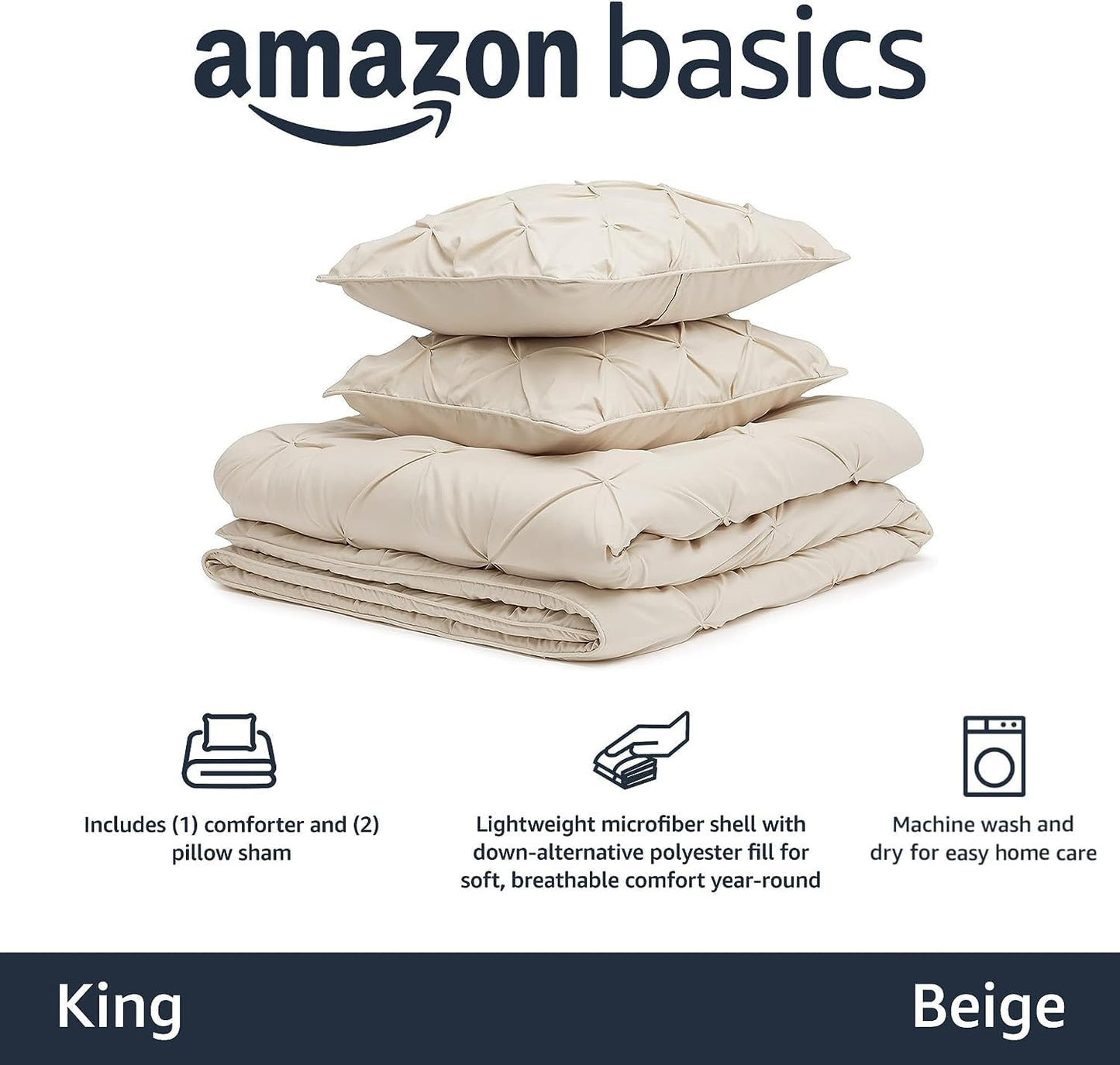 Amazon Basics King Size Soft, Lightweight Comforter Sets, All-Season Down-Alternative 3-Piece Bedding Set, Pinch Pleat Design, Beige