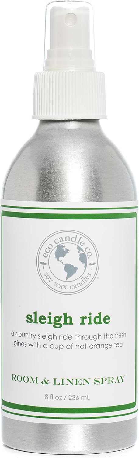 ECO CANDLE CO. Room & Linen Spray, Sleigh Ride, 8 oz. - Scents Of Pine & Orange - Recycled Aluminum Bottle, No Propellents, Pump Top, All Natural